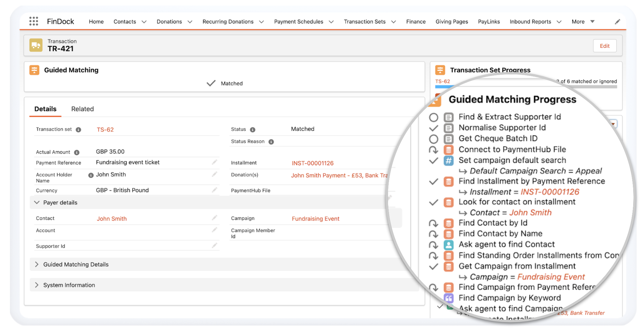 screenshot of FinDock's guided matching process