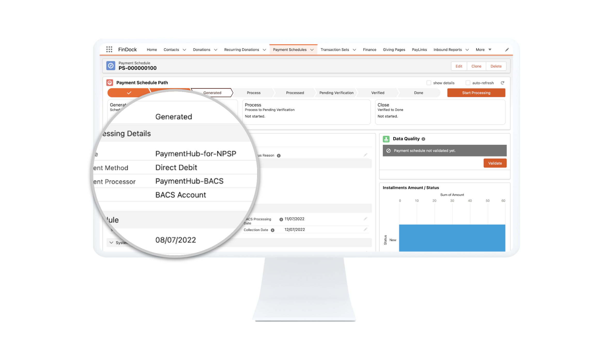 image screen of findock's giving page with options to give using SEPA and BACS direct debit